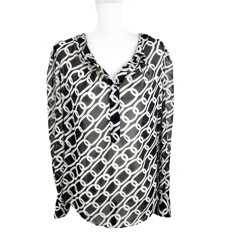 New York & Company Blouse Women 14 Black Printed Henley Sheer Long Sleeve Top